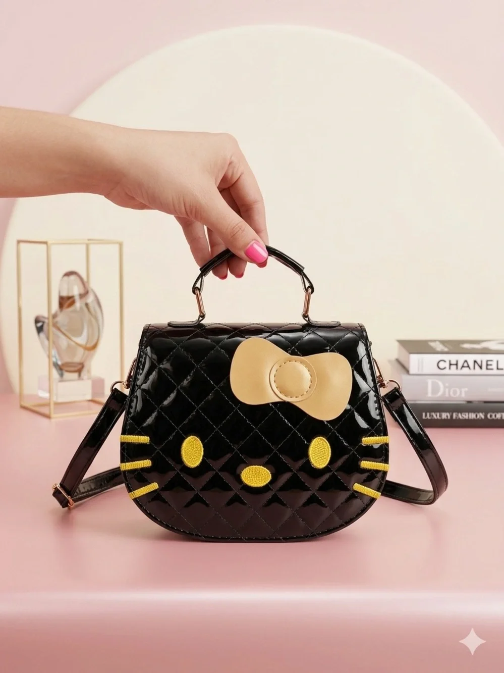 Sanrio Black Patent Hello Kitty Face Crossbody Bag with Gold Bow